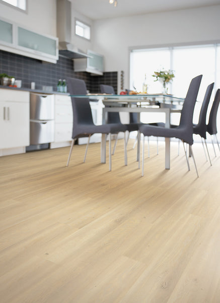 Modern kitchen and dining area with light wood flooring, a glass dining table with black chairs, white cabinets, stainless steel appliances, and large windows letting in natural light.