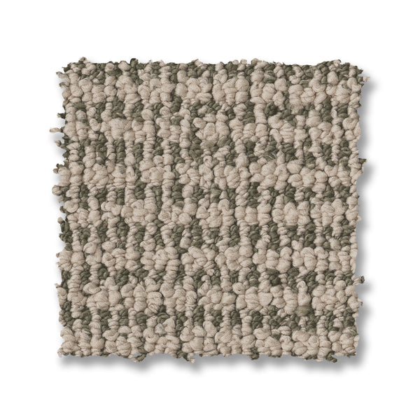 A square swatch of Laine On Trend Carpet displays alternating light beige and grayish-taupe looped fibers on a white background, highlighting the textured elegance of this premium flooring option.