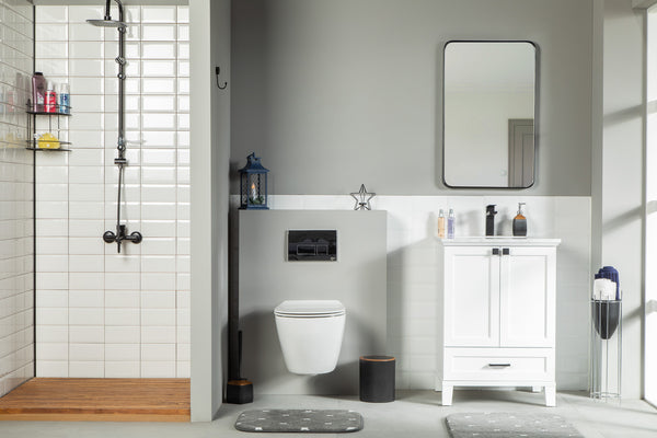 Modern bathroom with a walk-in shower, wall-mounted toilet, and the Paloma 24
