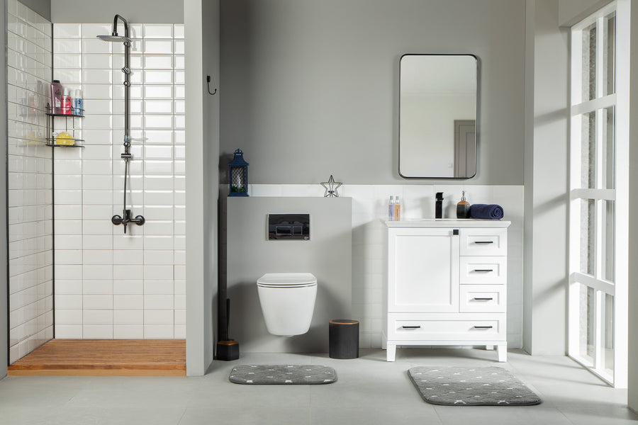 Modern bathroom featuring a walk-in shower on the left, wall-mounted toilet in the center, and a Paloma 30" Vanity with soft-close drawers on the right. Large window provides natural light; space is styled in gray and white.