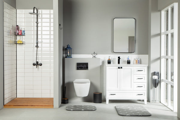 Modern bathroom with walk-in shower, toilet, Paloma 36