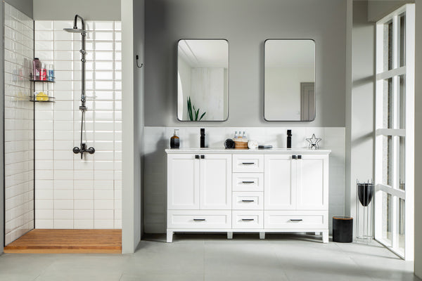 Modern bathroom with a walk-in shower of white subway tiles and wood floors, classic Paloma 60