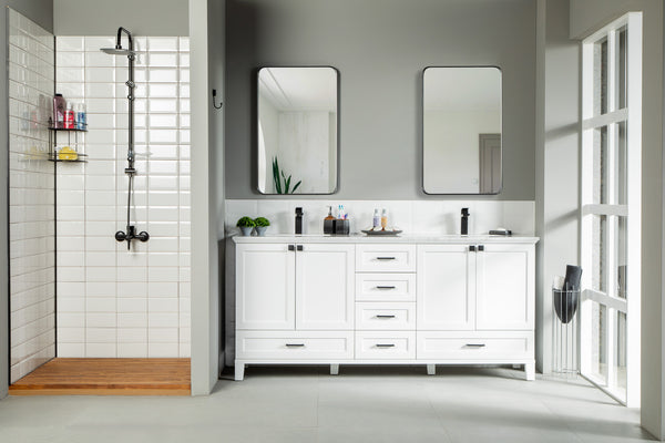 Modern bathroom with a glassless shower, white subway tiles, wood floor, and a Paloma 72