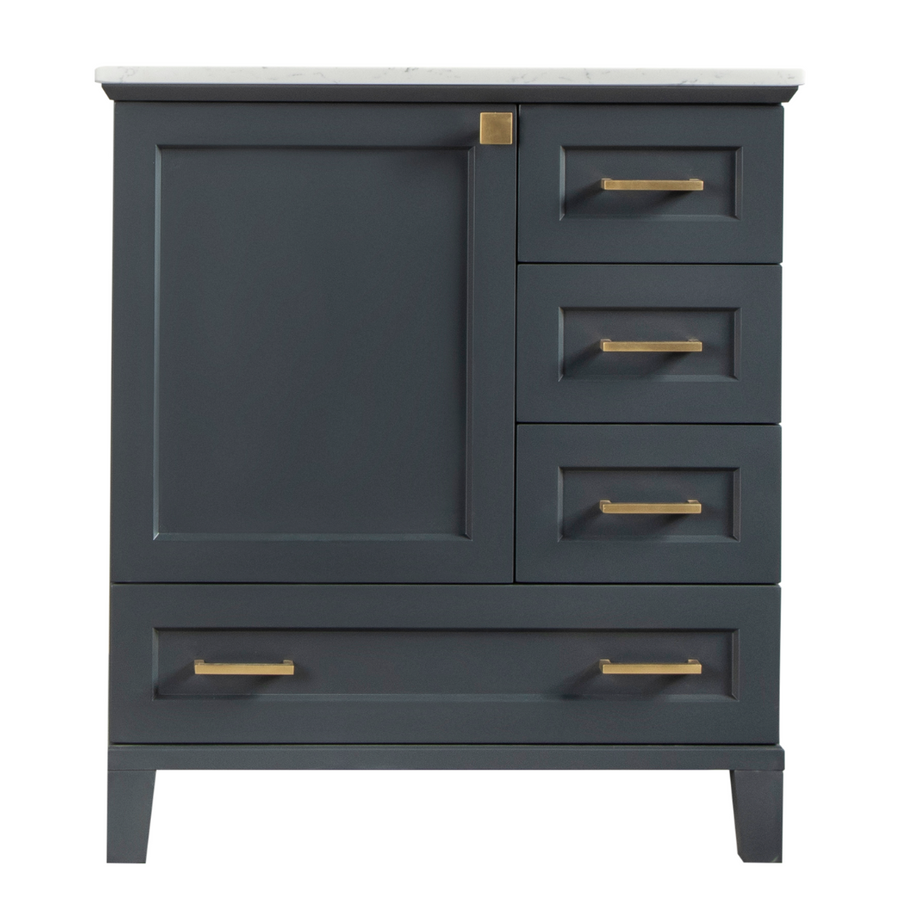 A modern dark gray bathroom vanity with a white marble top, one cabinet door on the left, and four drawers with gold handles on the right and bottom.