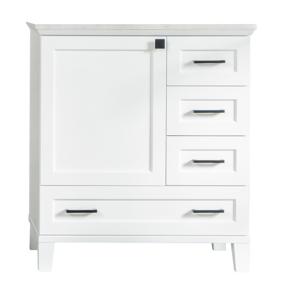 White cabinet with a marble top, featuring one large door on the left and four drawers of varying sizes on the right, each with black handles.