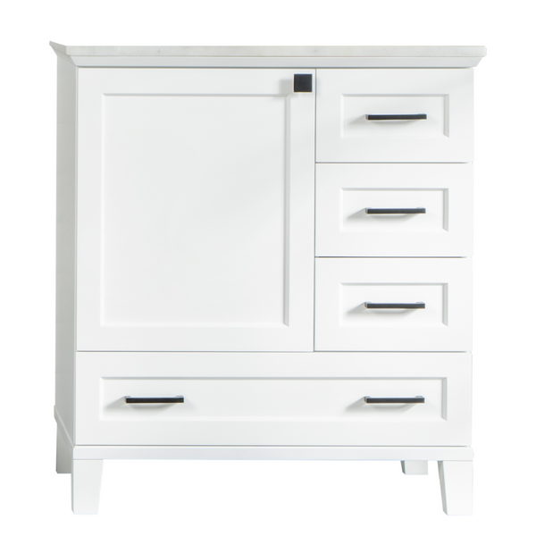 White cabinet with a marble top, featuring one large door on the left and four drawers of varying sizes on the right, each with black handles.