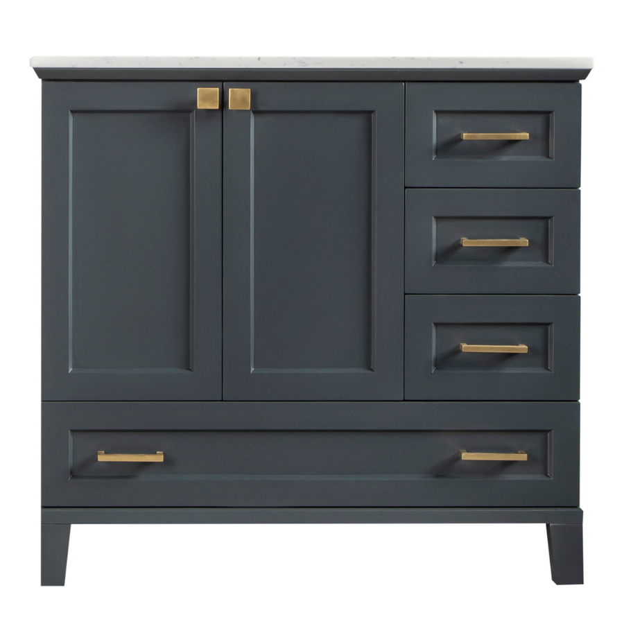A dark blue bathroom vanity with a white countertop, featuring two doors and four drawers, all with sleek gold handles.