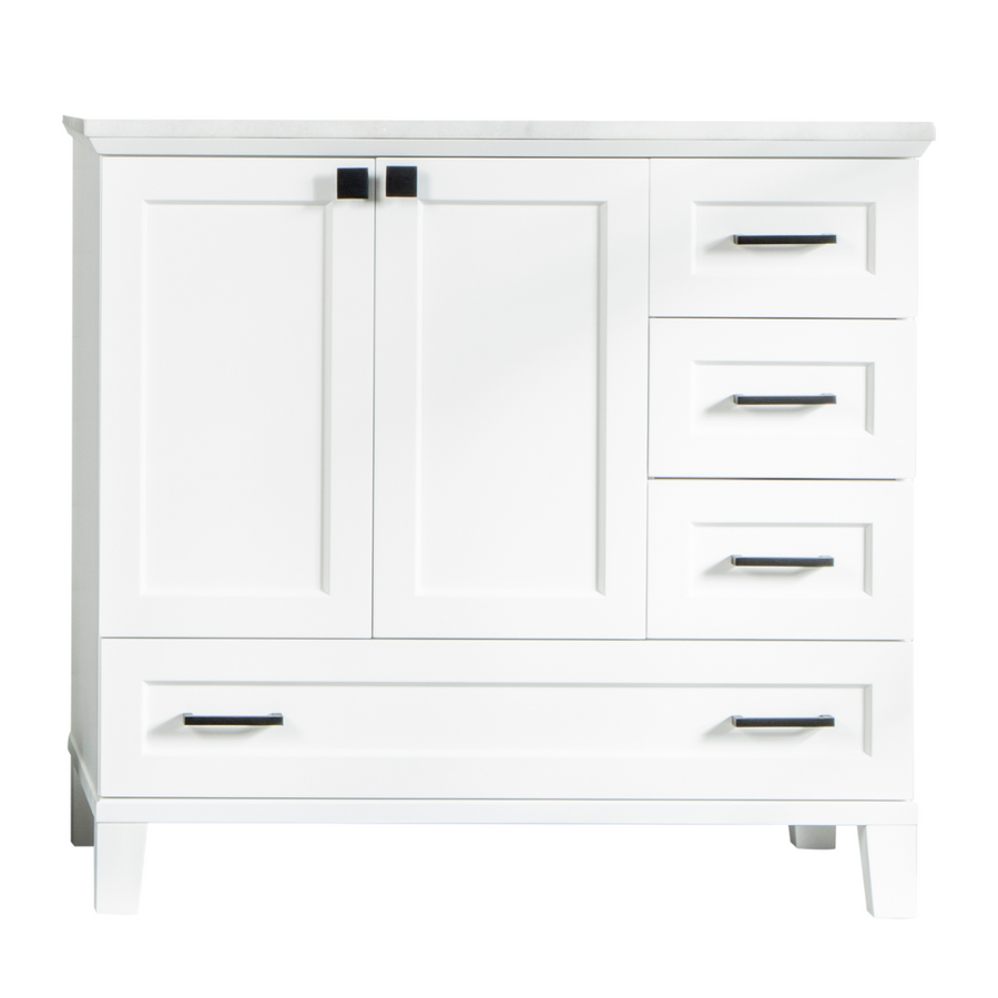 A white cabinet with two doors on the left, three stacked drawers on the right, and one large drawer at the bottom. The cabinet has black handles and a flat top surface.