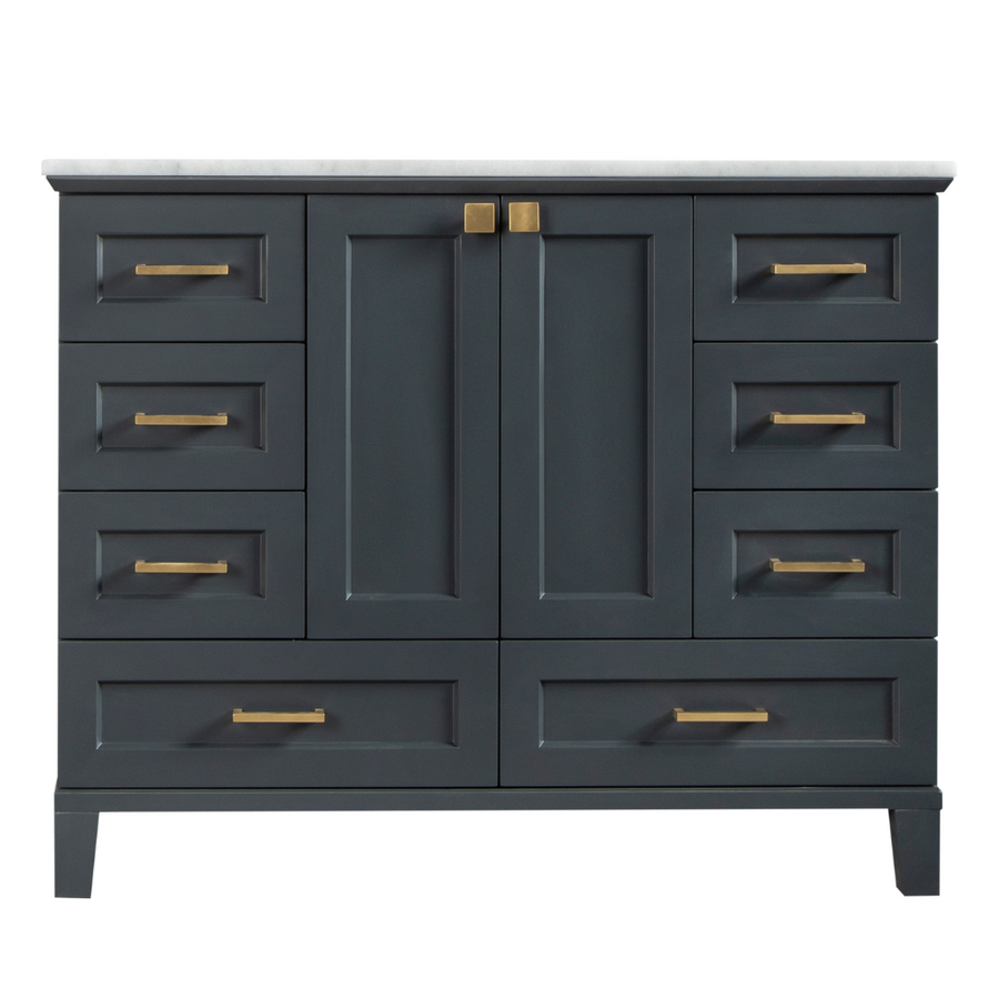 A dark gray bathroom vanity with a white countertop, featuring six drawers and two central cabinet doors. The drawers and doors have gold rectangular handles.