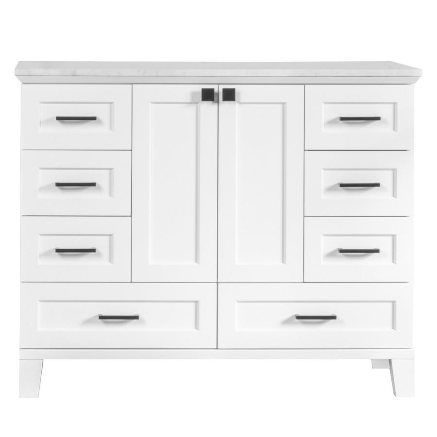 A white wooden dresser with a flat top, eight drawers featuring black handles, and two central cabinet doors, all standing on short legs.