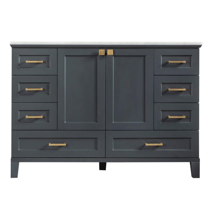 Dark gray bathroom vanity with a white countertop, featuring six drawers and two center cabinet doors. The drawers and doors have gold handles and knobs. The vanity has a modern, clean design with straight legs.