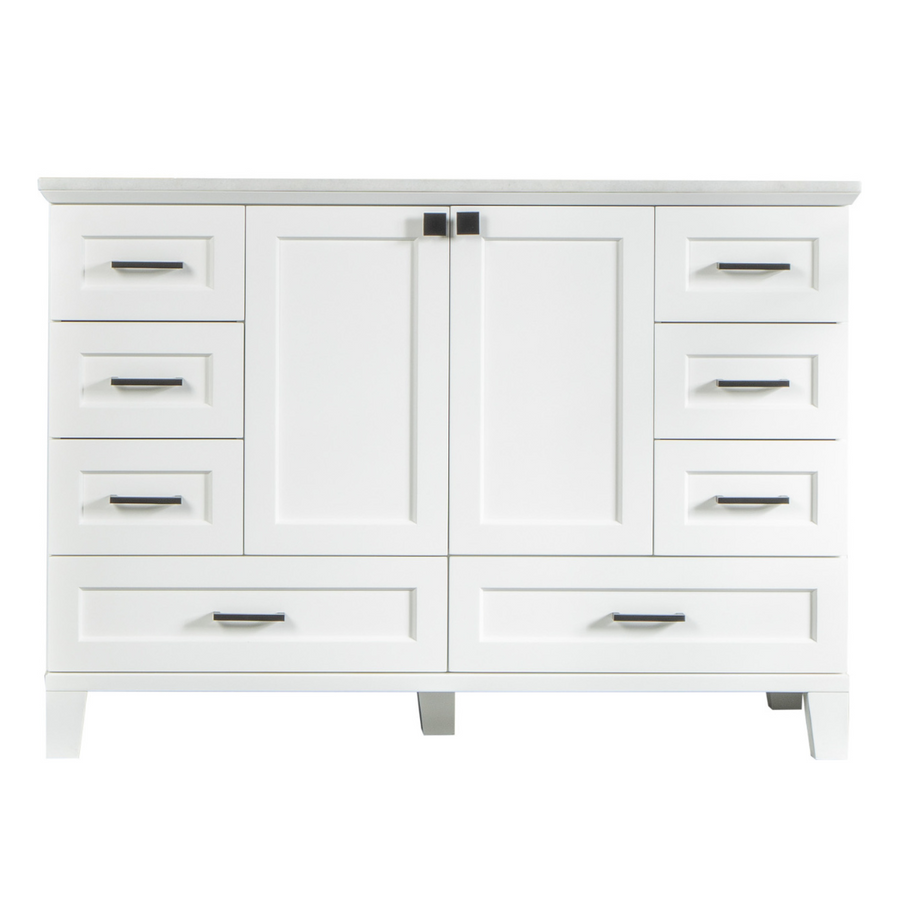 A white bathroom vanity cabinet with two center doors, eight drawers—four on each side—and black handles, standing on short legs.