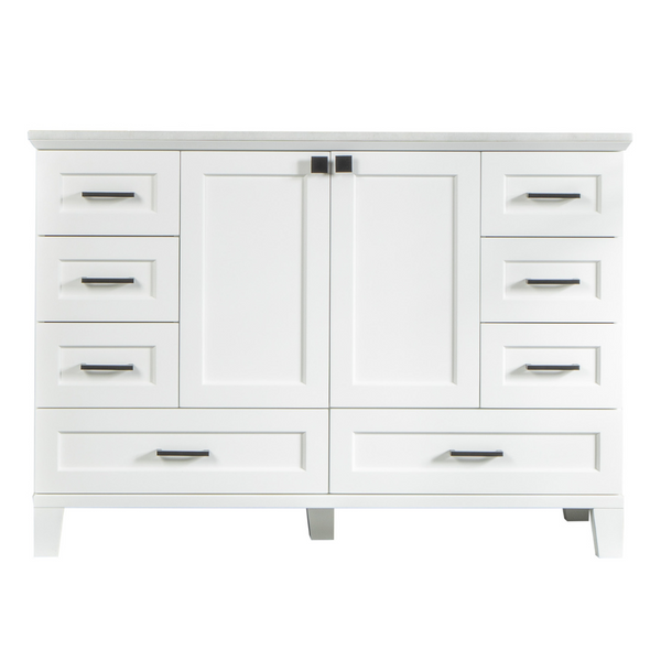 A white bathroom vanity cabinet with two center doors, eight drawers—four on each side—and black handles, standing on short legs.