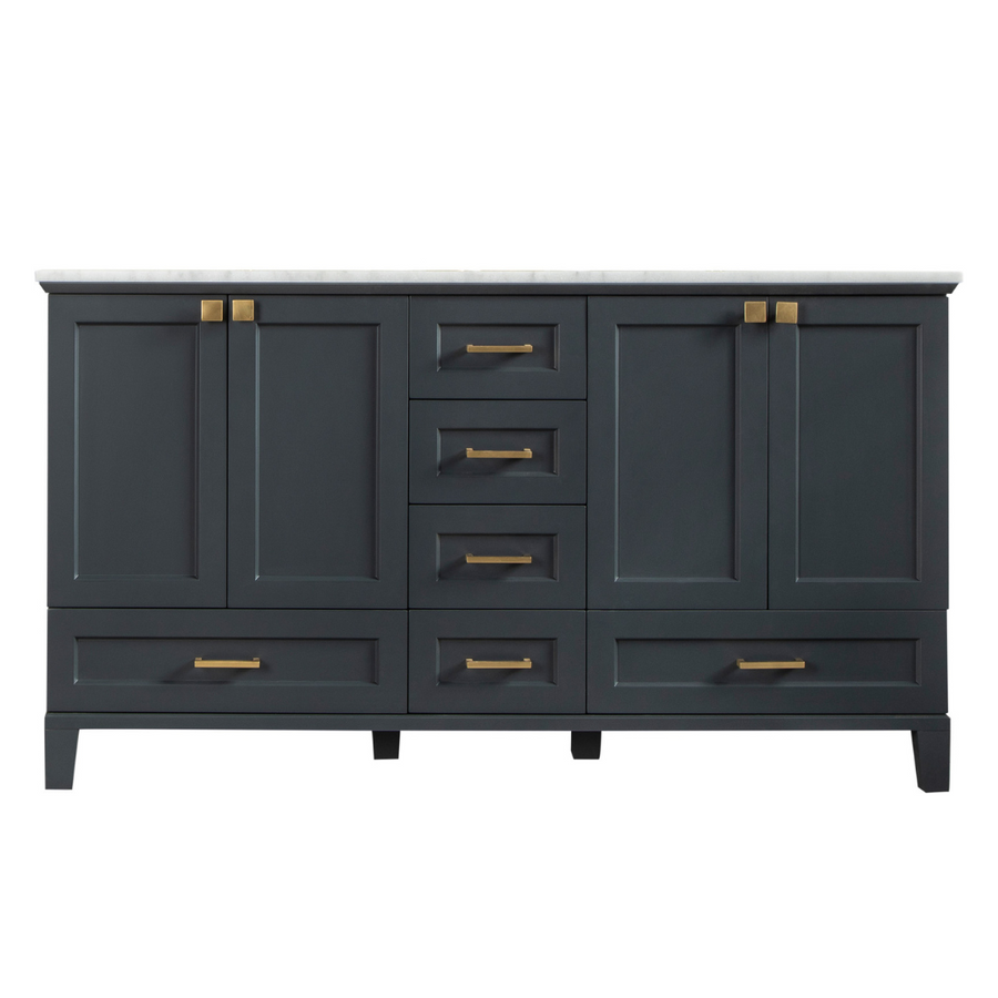A dark gray bathroom vanity with gold handles, six drawers, and four cabinet doors, topped with a white countertop.
