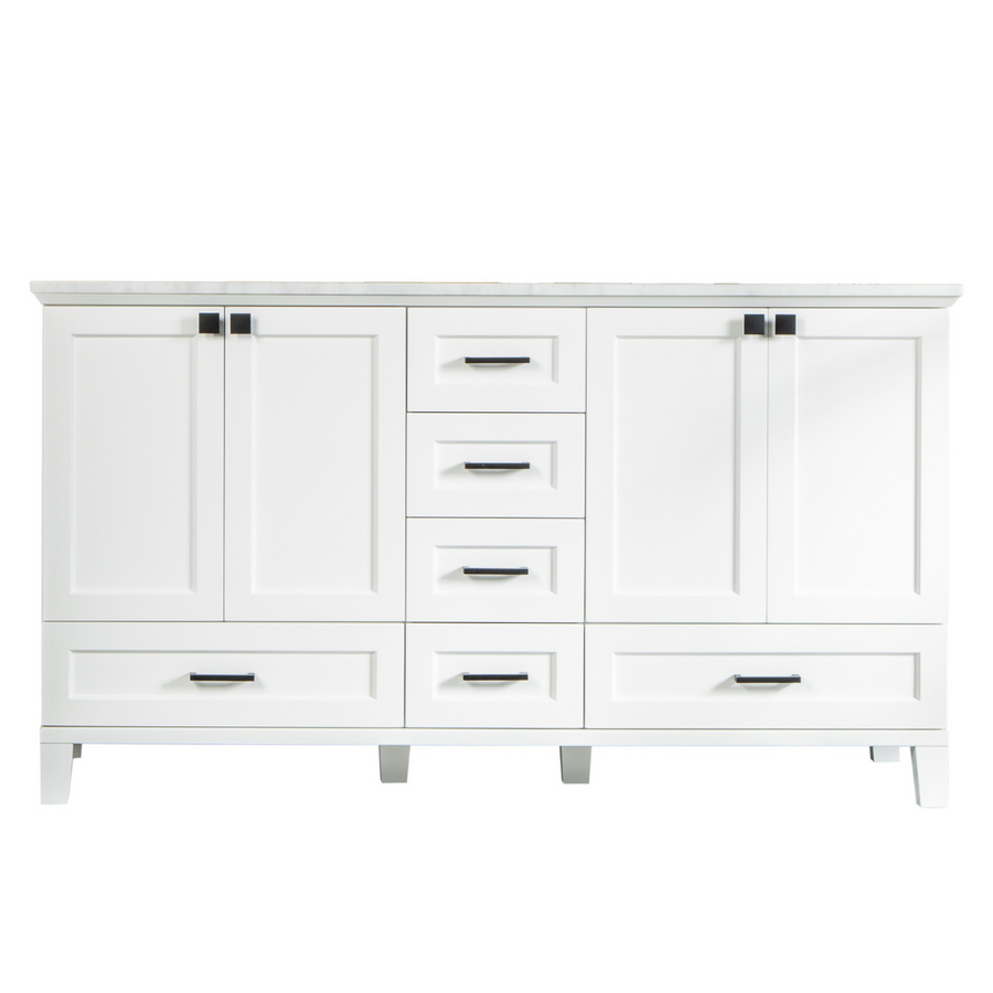 A white bathroom vanity cabinet with six drawers and four doors, featuring modern black handles and a marble countertop on top.