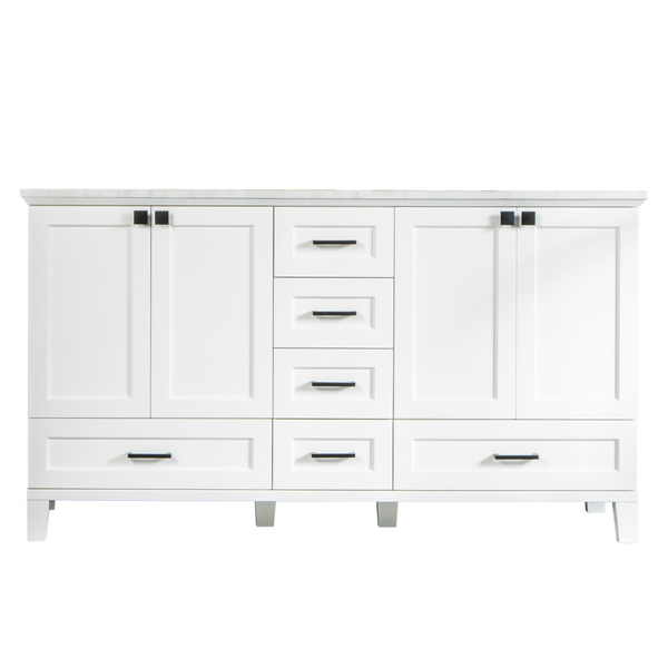 A white bathroom vanity cabinet with six drawers and four doors, featuring modern black handles and a marble countertop on top.