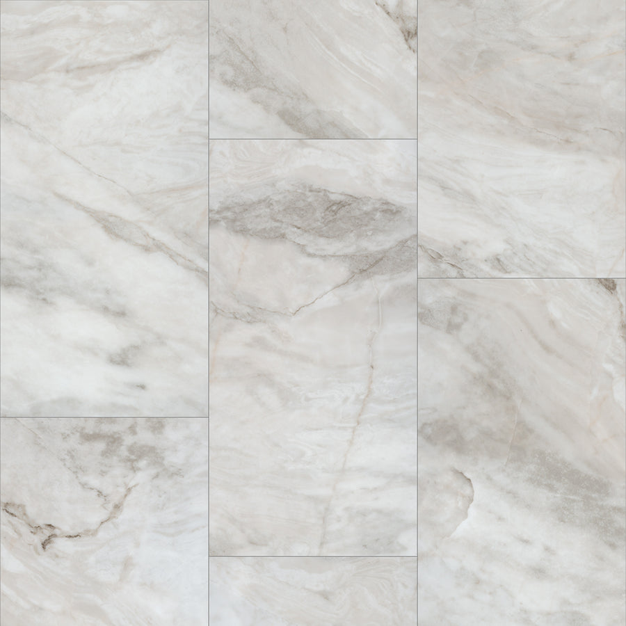 Paragon Tile Plus Vinyl features light grey and beige tones in a grid pattern, with natural swirling veins and subtle color variations for an elegant, polished look that enhances exceptional tile aesthetics.