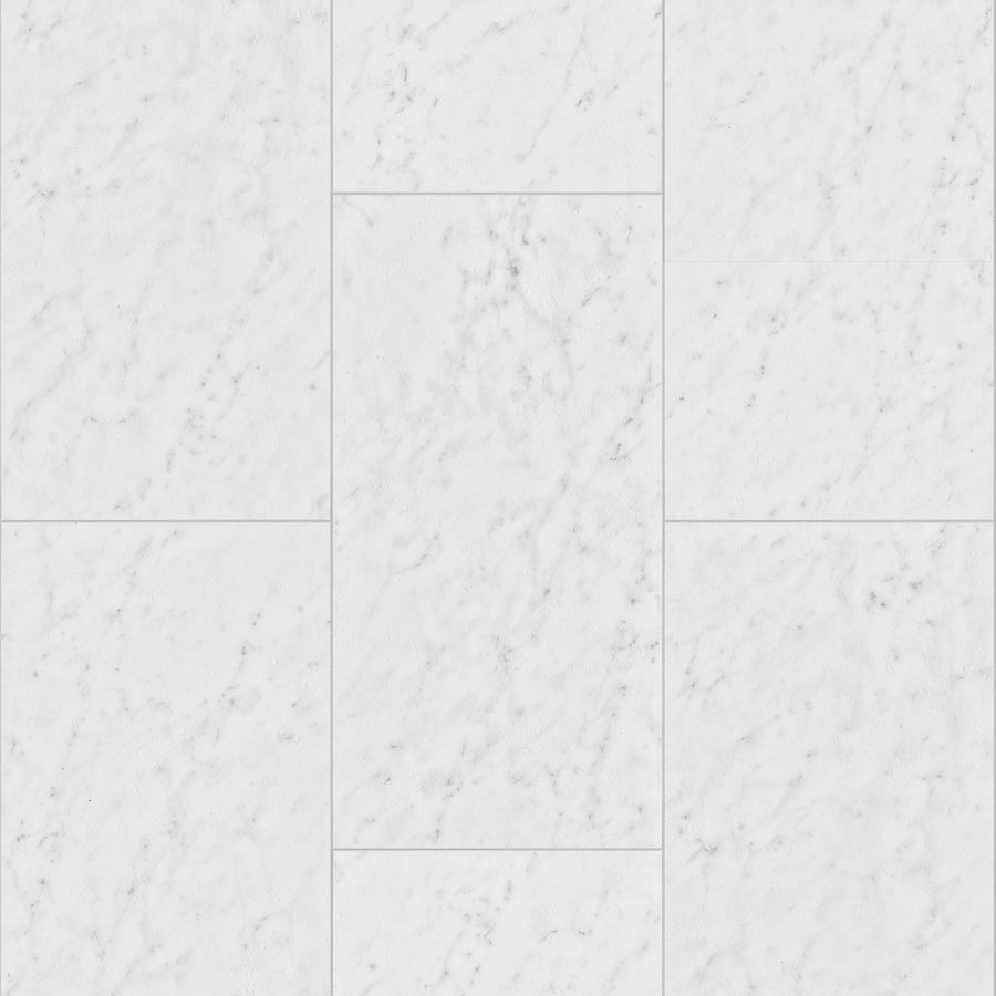 Paragon Tile Plus Vinyl features a clean, smooth surface resembling white marble with subtle gray veining. Arranged in a staggered pattern, its visible grout lines enhance the geometric look and highlight the tile’s elegant design.