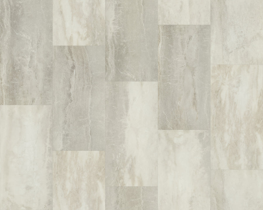 Paragon Tile Plus Vinyl features gray and beige rectangular tiles in a staggered pattern, offering natural-looking veins, subtle texture variations, modern style, and impressive wear resistance for an elegant look.