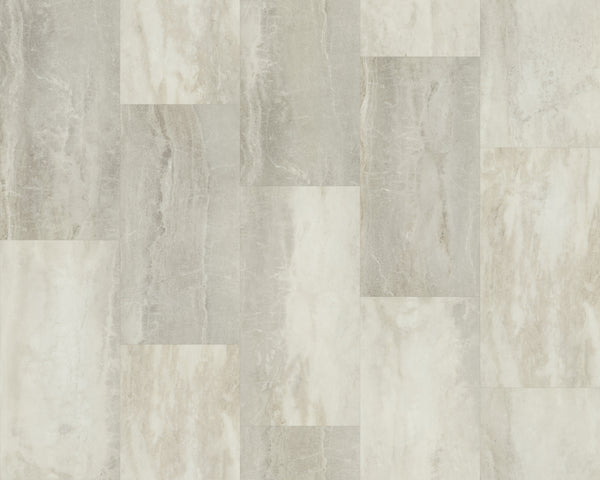 Paragon Tile Plus Vinyl features gray and beige rectangular tiles in a staggered pattern, offering natural-looking veins, subtle texture variations, modern style, and impressive wear resistance for an elegant look.