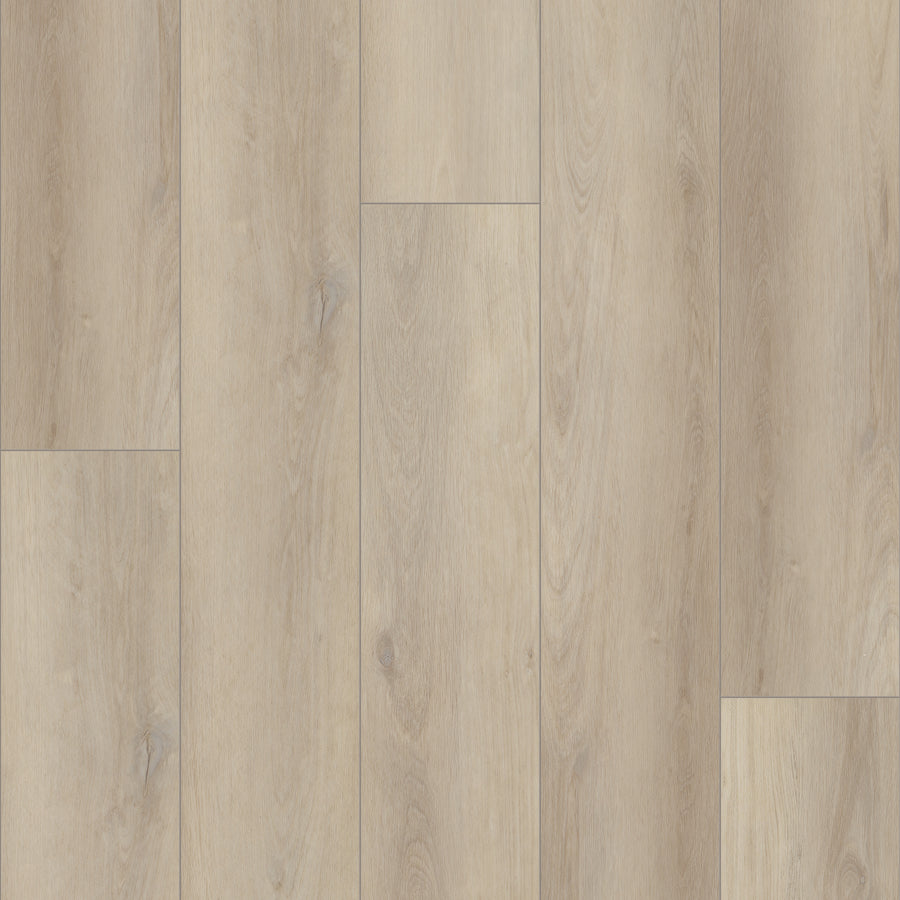 Coretec Plus Enhanced Vinyl features light-colored planks with natural grain and subtle knots in a staggered pattern. This waterproof, rigid core flooring delivers a clean, contemporary look and lasting durability.