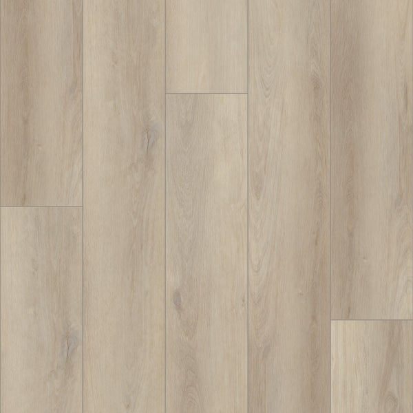 Coretec Plus Enhanced Vinyl features light-colored planks with natural grain and subtle knots in a staggered pattern. This waterproof, rigid core flooring delivers a clean, contemporary look and lasting durability.