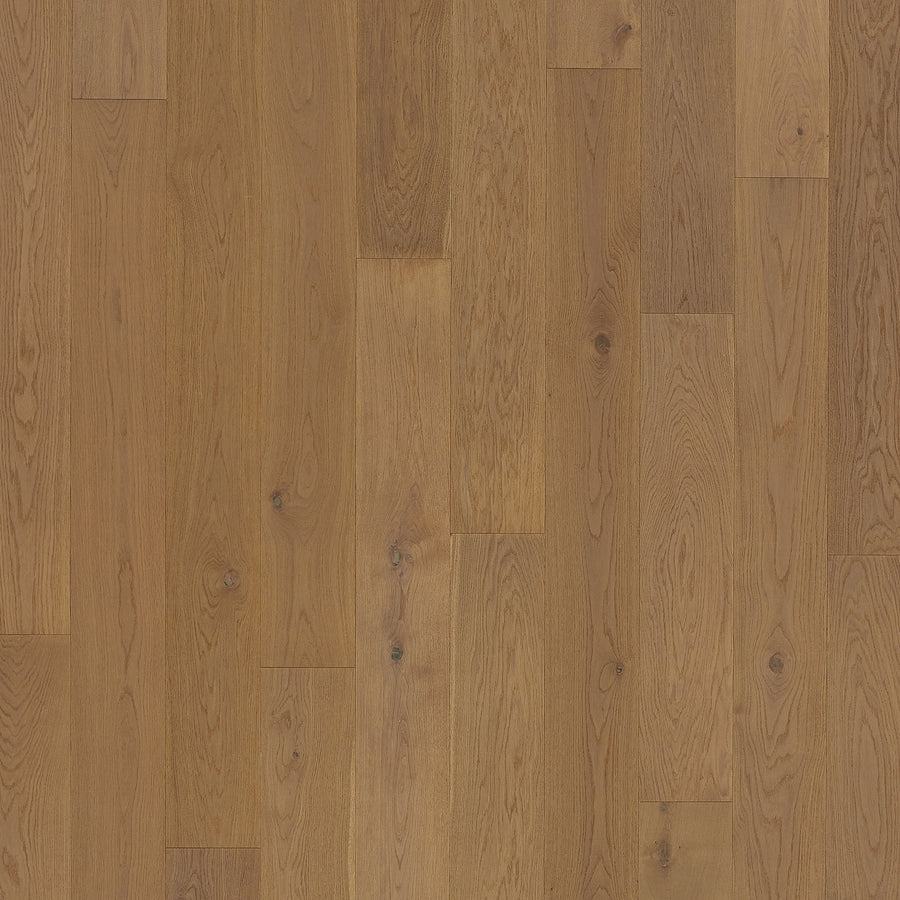 Close-up view of Barton Hall 7 1/2" European White Oak Hardwood flooring, featuring medium brown planks with natural grain patterns, subtle color variations, and a staggered layout for a refined appearance.