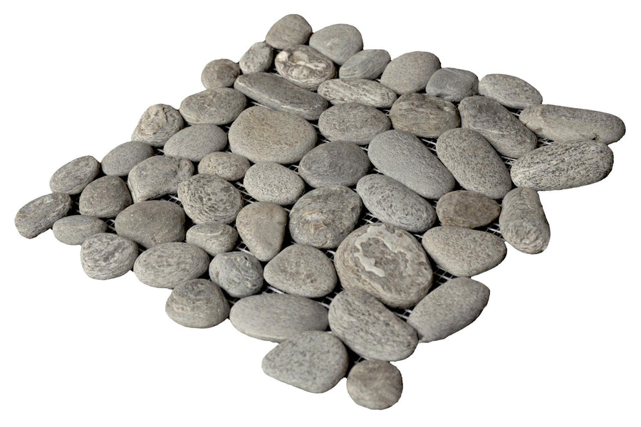 A square mesh mat with smooth, oval gray stones arranged closely together, creating a flat, pebble-like surface. The stones vary slightly in size and shade. The background is white.