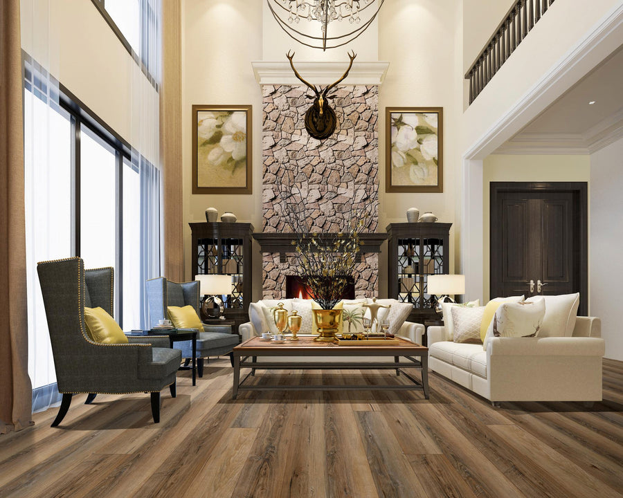 Spacious, elegant living room with high ceilings, a stone fireplace, mounted deer head, large windows, cozy sofas, armchairs, coffee table with tea set, and wooden floors. Warm, inviting ambiance.
