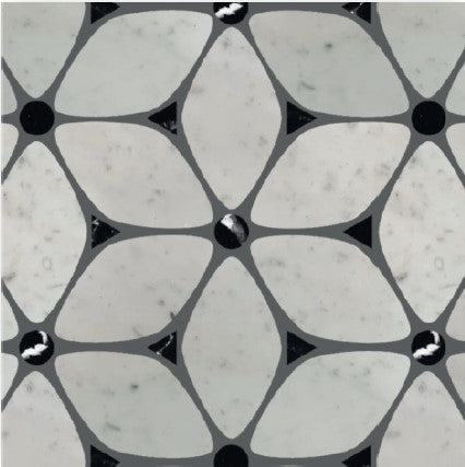 The Petalau Polished Marble Mosaic Tile features a geometric pattern of white petal shapes forming flowers, outlined in gray, with small black triangle and circle accents, creating a symmetrical, abstract look reminiscent of premium mosaic tiles.