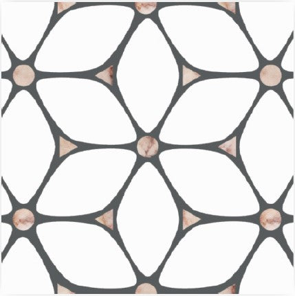 Petalau Polished Marble Mosaic Tile features a geometric pattern with overlapping black curved lines, forming circles and petal shapes, plus beige corner triangles and white petals—ideal for creating a premium abstract tile design.