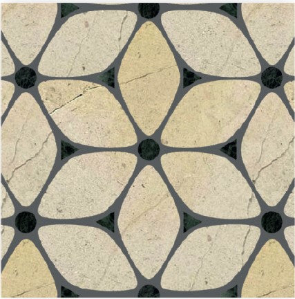 Petalau Polished Marble Mosaic Tile features a geometric design with beige petal-shaped segments forming flower motifs, dark triangular intersections, and thin gray grout lines, creating an elegant abstract pattern on polished marble.