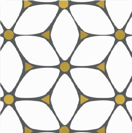 Petalau Polished Marble Mosaic Tile features a geometric abstract pattern with black lines forming large petal shapes, yellow circles at intersections, and small yellow triangles on a crisp white background—evoking premium tile style.