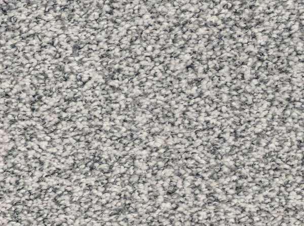 Close-up of Innovative Comfort III Pet Friendly Carpet in Pinwheel, featuring a textured loop-pile design with light gray and white fibers for a soft, neutral patterned look.