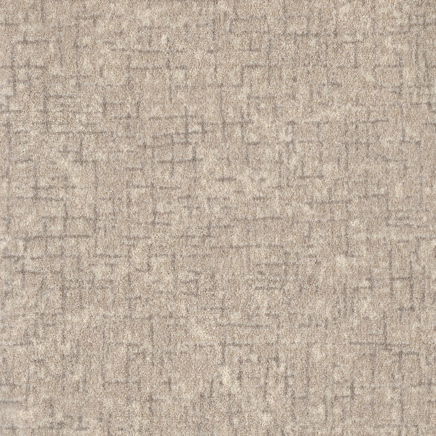 A close-up of Pleasant Path On Trend Carpet in Birch shows its textured surface with intersecting lines and a subtle mottled look, ideal for adding contemporary style to any room.