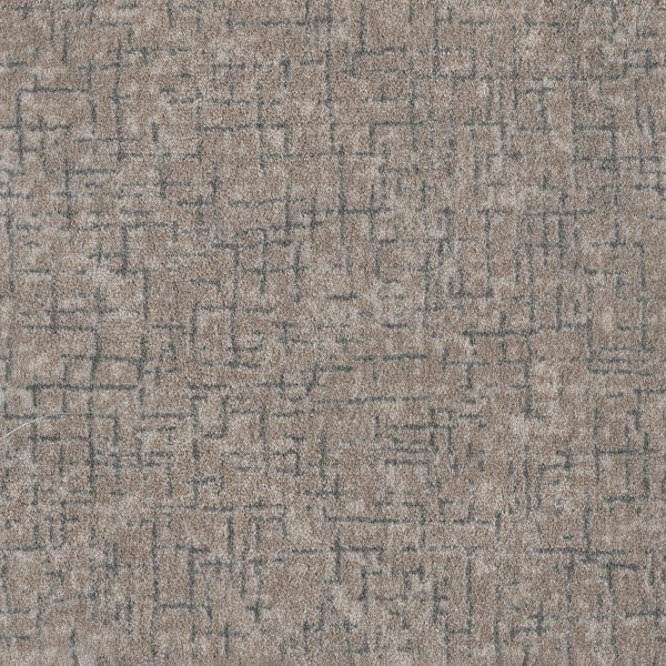 Close-up of Pleasant Path On Trend Carpet in Storm color, featuring a textured, durable surface with a light brown base and subtle dark gray geometric pattern—perfect for a contemporary look.