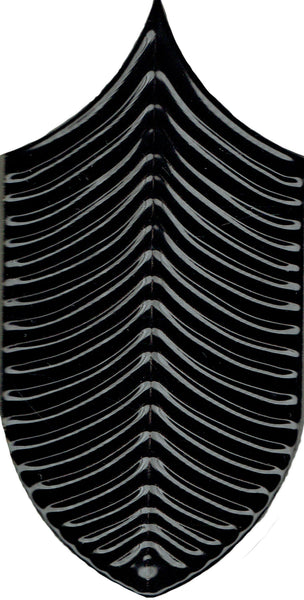 The Plume 4x8 Ceramic Tile features a symmetrical black-and-white abstract, leaf-shaped shield design with curved, rib-like lines—ideal for a modern ceramic tile installation or a bold tropical accent.
