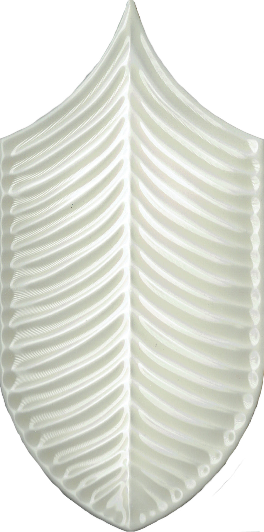 The Plume 4x8 Ceramic Tile is a white, shield-shaped tropical tile with a glossy finish and a textured, symmetrical pattern that resembles leaf veins or fish bones.