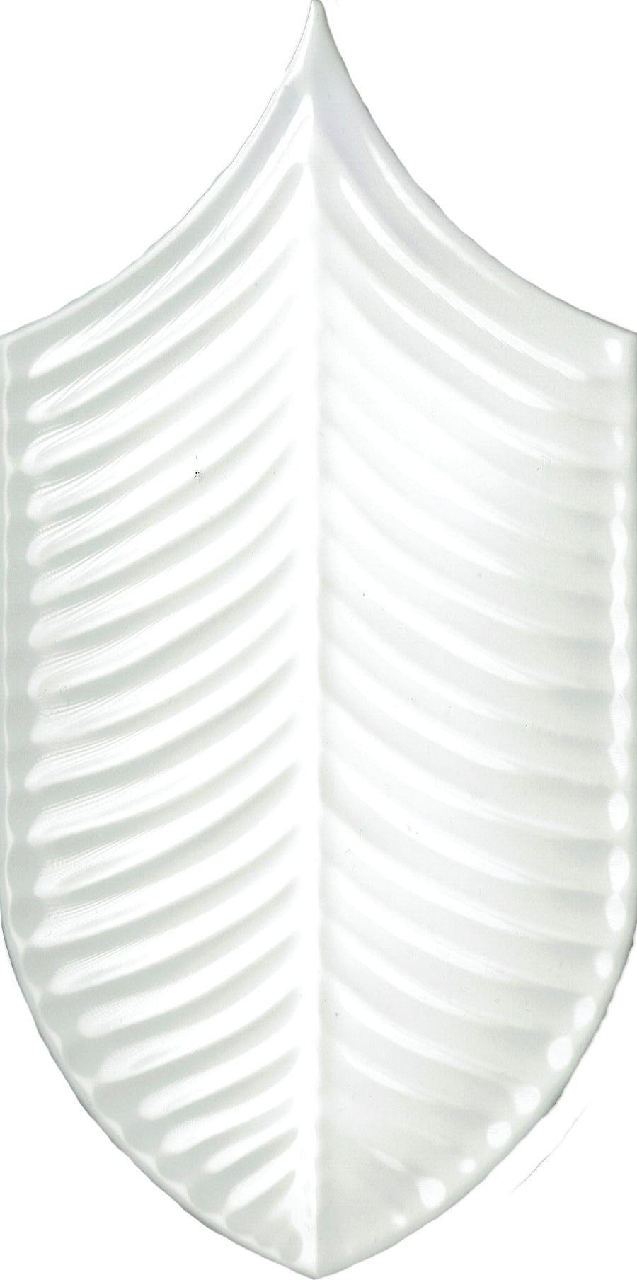 The Plume 4x8 Ceramic Tile features a white, glossy finish with a symmetrical leaf-inspired design and raised curved lines—ideal for bringing a touch of the tropics to any space.