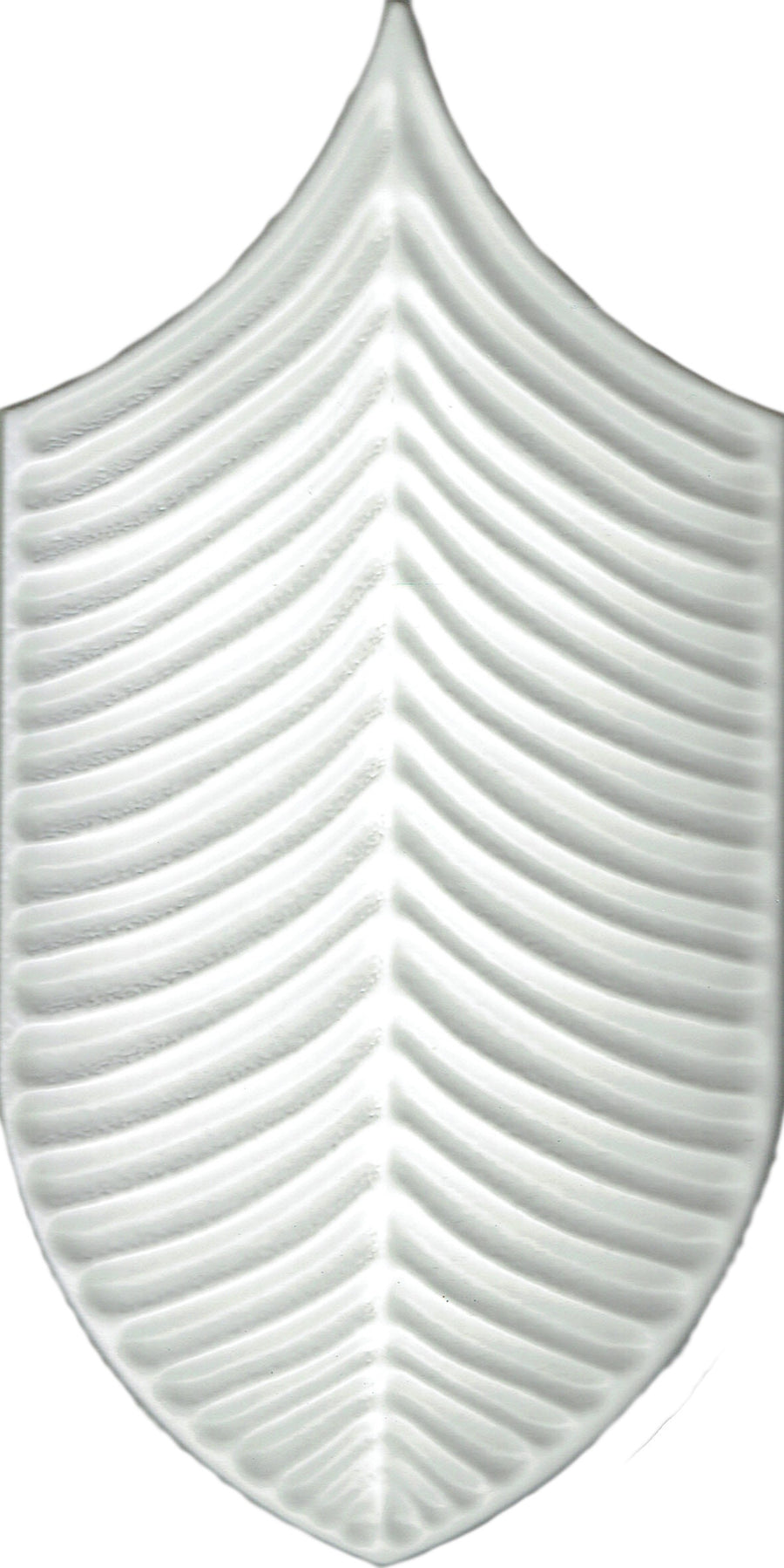 The Plume 4x8 Ceramic Tile features a white, shield-shaped design with symmetrical ridges like a leaf or fishbone, set on a plain white background.