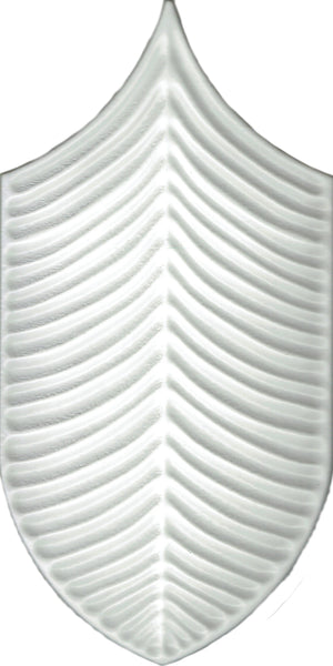 The Plume 4x8 Ceramic Tile features a white, shield-shaped design with symmetrical ridges like a leaf or fishbone, set on a plain white background.
