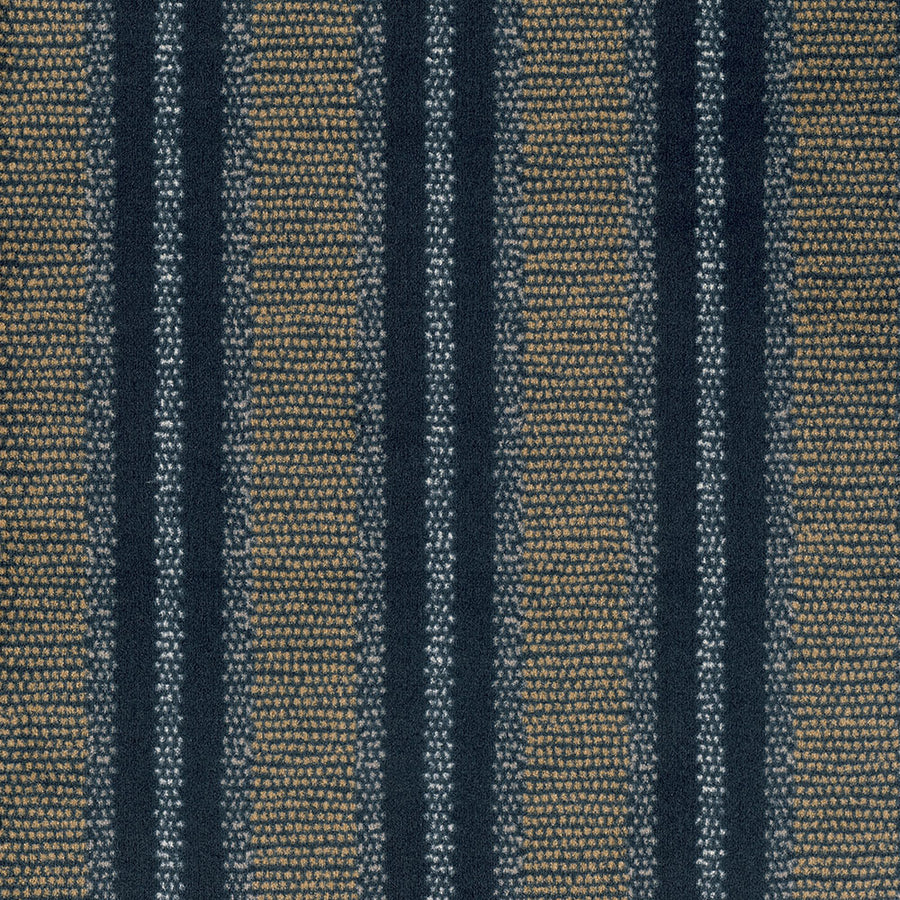 A close-up of Point Isle On Trend Carpet shows vertical stripes in dark blue and tan, with a textured weave that creates dotted details within the stripes for a modern, stylish look.