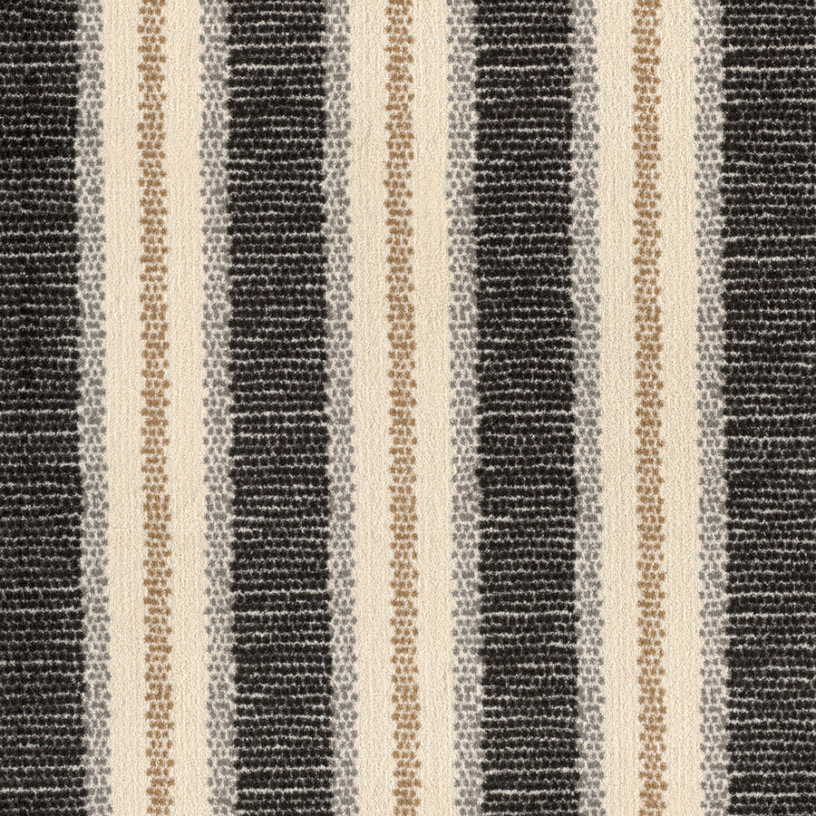 The Point Isle On Trend Carpet features stylish alternating vertical stripes in black, white, and beige. Textured black stripes pair with thin beige and wide white borders—perfect for modern interiors.