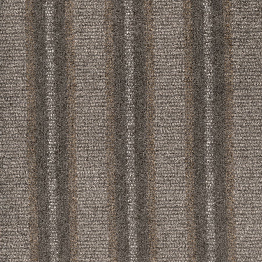Close-up of the Point Isle On Trend Carpet, showcasing textured fabric with vertical brown and gray stripes, alternating thick and thin lines, and a slightly rough woven look—ideal for stylish interiors.