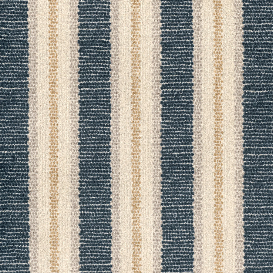 Point Isle On Trend Carpet features a textured fabric with vertical stripes in navy blue, beige, and cream. Its stylish pattern alternates wide navy blue stripes with narrower beige and cream ones for a modern look.