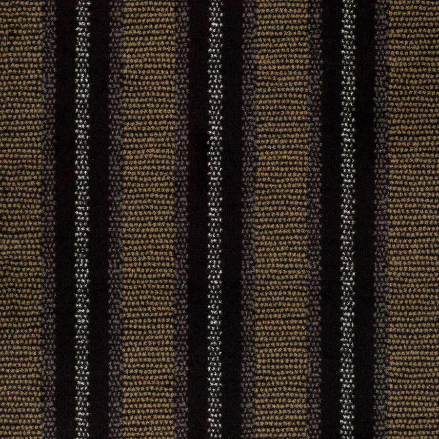 A close-up of Point Isle On Trend Carpet shows vertical stripes in black, brown, and tan with varying thickness and texture, creating a stylish, patterned look—ideal for modern carpets or durable flooring.
