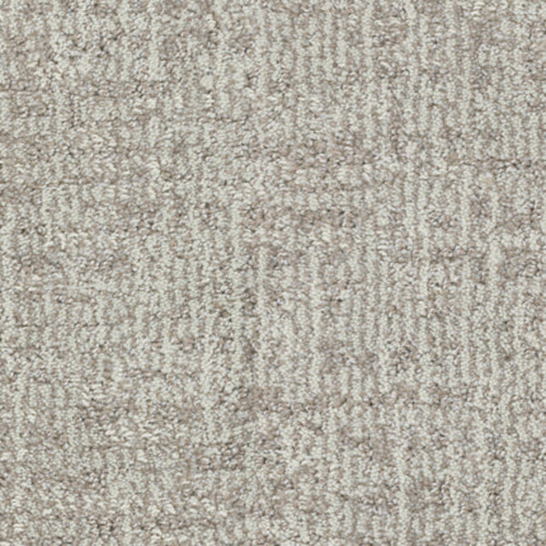 Close-up of Balance Family Friendly Carpet in Poise—a light grey, textured carpet with a subtle, irregular geometric pattern. Features soft, plush surface with mixed fiber lengths for comfort and durability.