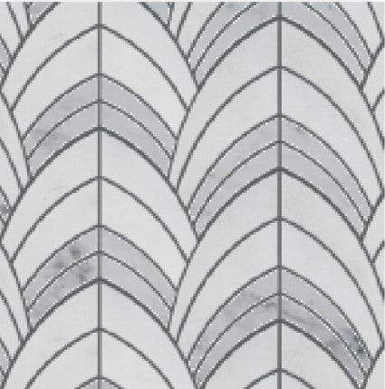 The Pola Carpenter Polished Marble Mosaic Tile features a geometric pattern of overlapping curved lines forming leaf or feather shapes in gray and white, creating a repetitive, symmetrical marble design.