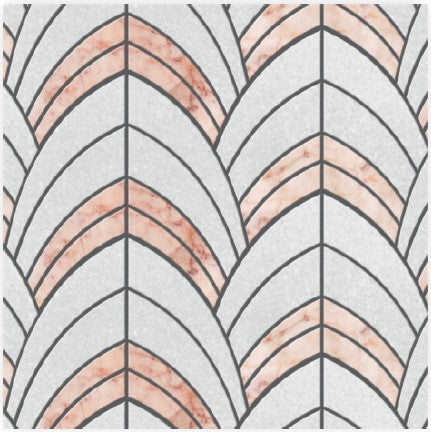 The Pola Carpenter Polished Marble Mosaic Tile features a geometric chevron pattern outlined in black, with light pink, peach, and gray marble textures—an abstract design tile for a refined and subtle look.