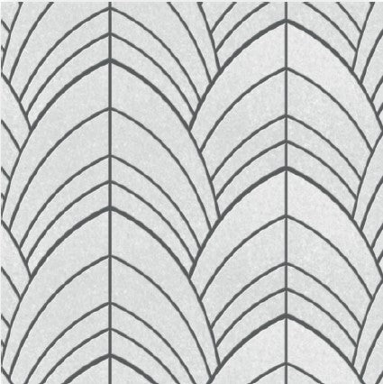 The Pola Carpenter Polished Marble Mosaic Tile features a geometric, art deco fan motif with overlapping dark gray curved lines on a light gray background for a modern, leaf-like pattern.